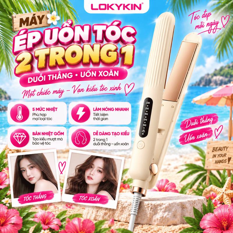 Máy Duỗi Tóc Uốn Tóc LOKYKIN 2 Trong 1, Máy Kẹp Tóc Duỗi Thẳng Uốn Xoăn, Bản Nhiệt Gốm Sứ, 5 Mức Nhiệt 150–230°C, Làm Nóng Nhanh 35W