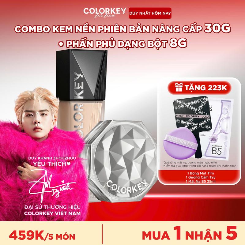   OFFICIAL  Combo 1 Kem Nền COLORKEY 30g Kiềm Dầu + 1 Phấn Phủ Dạng Bột 8g Siêu Mịn Cho Lớp Trang Điểm Lì Mỏng Nhẹ Tự Nhiên Không Dễ Xỉn Màu 