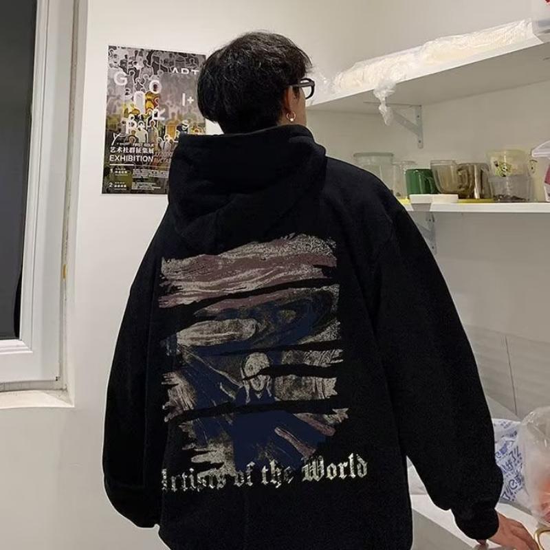  Áo hoodie nam quá khổ áo nỉ có mũ trùm đầu Hàn Quốc phim hoạt hình Mỹ in Graffiti quần áo cặp đôi lót lông cừu,M-8XL 