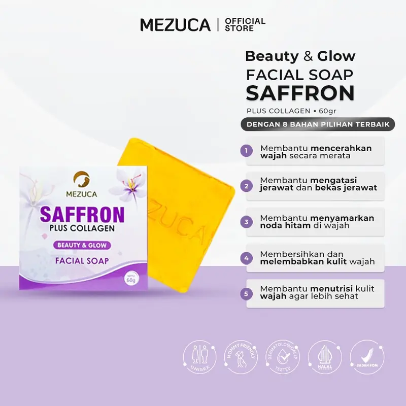 Facial Soap MEZUCA Saffron Plus Collagen 60gr Sabun Wajah Membantu Mencerahkan Melembabkan Menutrisi Kulit Muka Atasi Jerawat Bekas Jerawat BPOM 0