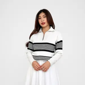 Maudy Cardigan Knit Atasan Rajut Wanita Sweater Stripe Classy Zipper Resleting Rajut Wol Santai V-Neck Polos Korean Style