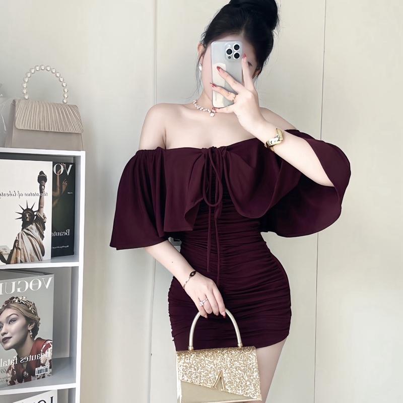 Váy nữ xinh 433 đầm nữ dự tiệc Đầm body trễ vai xếp ly rút ngực – Tay xoè che vai, hack dáng gọn eo che khuyết điểm vải ladong mịn Nữ