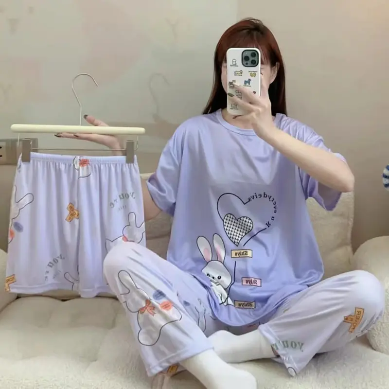 Set Piyama 3 in 1 Wanita Dewasa - Baju Tidur Lengan Pendek + 2 Pcs Celana Tidur Panjang Pendek Fit 8
