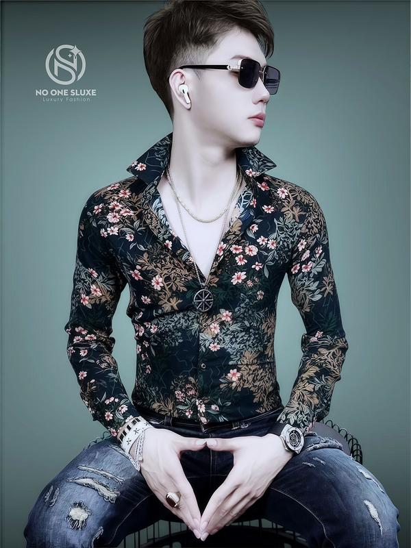 Áo sơ mi nam hoa lá vàng hồng phom ôm body Menswear Shirt
