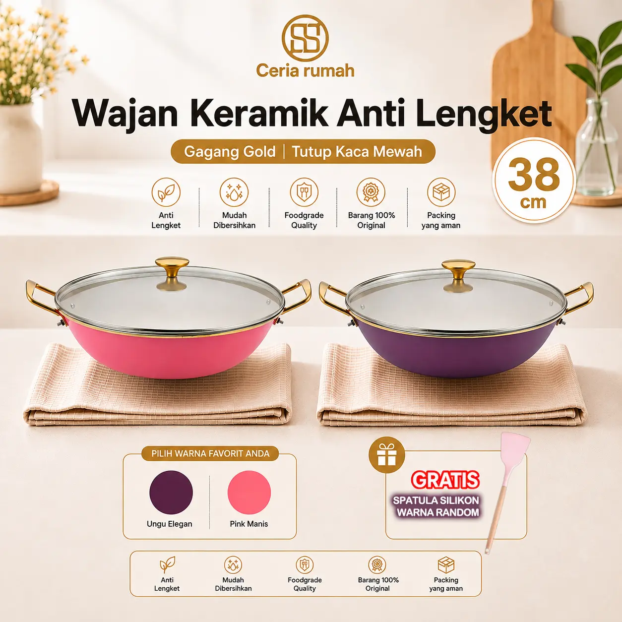 [CACAA.RAMDANI] Dikirim Dalam 30 Hari CERIA RUMAH Wajan Jumbo Coating Keramik Anti Lengket 38cm Free Tutup Kaca Mewah dan Centong Silikon