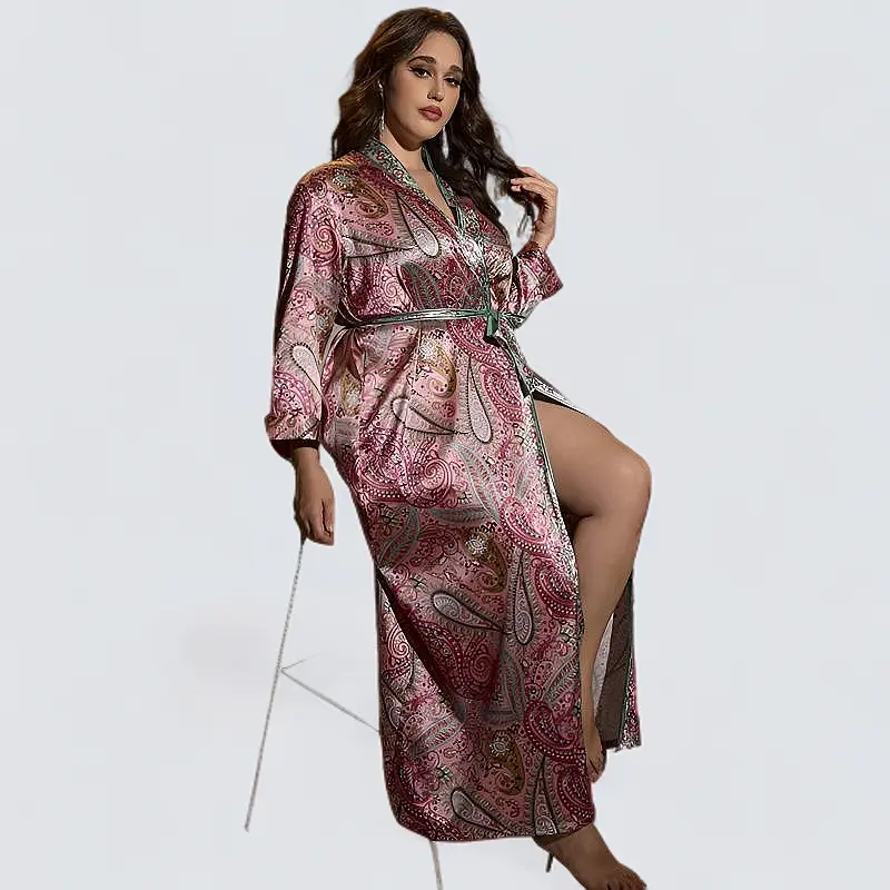 Plus-Size Ladies' Long-Sleeved Long Silk Bathrobes & Nightgowns, Home Loungewear