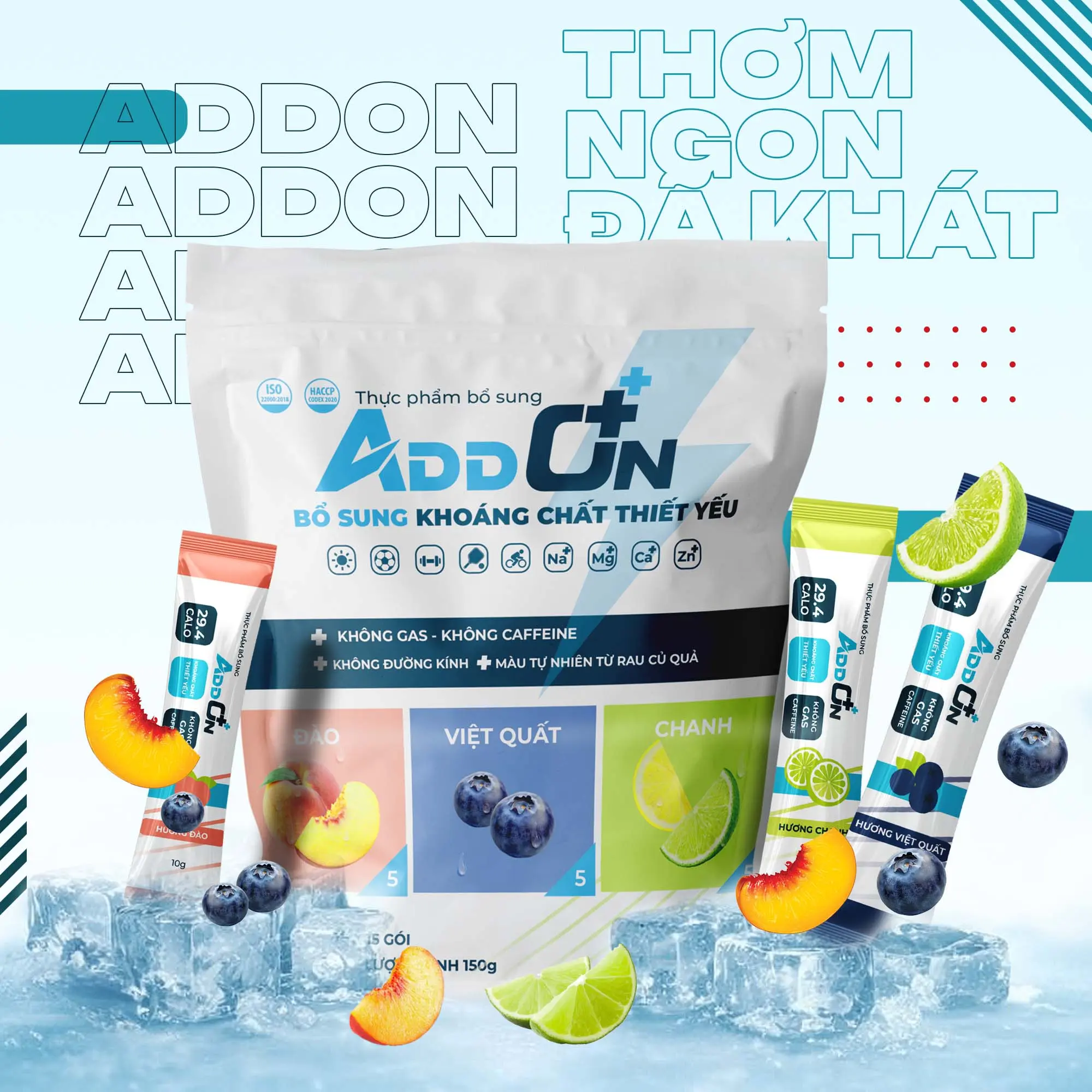 ADDON vị tổng hợp bột uống thể thao ít calo Hỗ trợ bù nước, bổ sung điện giải và muối khoáng thiết yếu