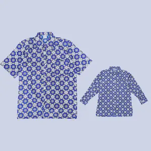 Kemeja baju batik sekolah Motif Bunga Matahari Biru Panjang & Pendek
