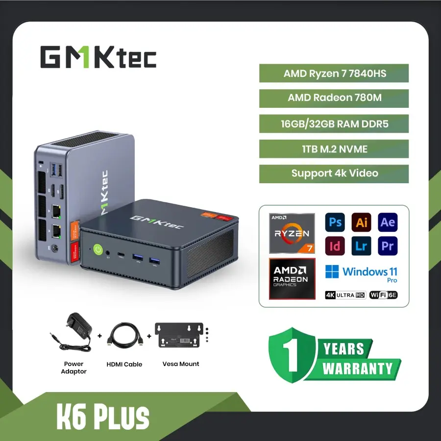Mini PC AMD Ryzen 7 7840HS GMKTEC K6 Plus 32GB RAM DDR5 1TB SSD NVME - Win 11 pro 4K Video - 16GB/1TB, MINI PC