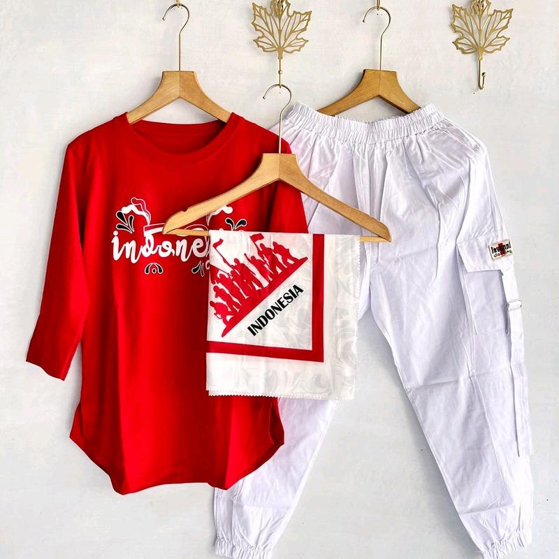 Setelan Jogger Cigaret JVN Kaos Combed Merah Putih + Hijab Voal Segi Empat Voal  Katun Nyaman 4