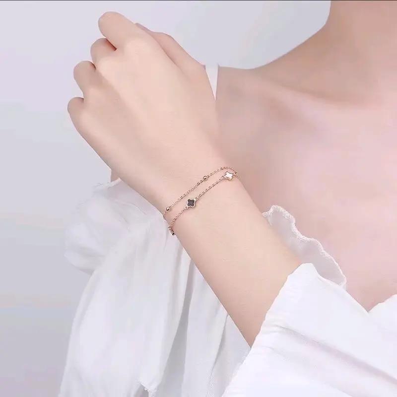Gelang Tangan Wanita Liontin Daun Bunga Dua Layer Anti Karat Anti Luntur - Bracelets Titanium Elegan 4