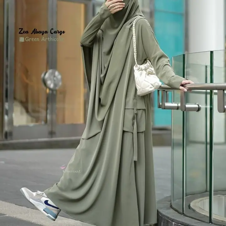 Zea Abaya Cargo by Khumaaz | Abaya Cargo anti UV flowy dingin lembut | French Khimar instan| Abaya Anti UV