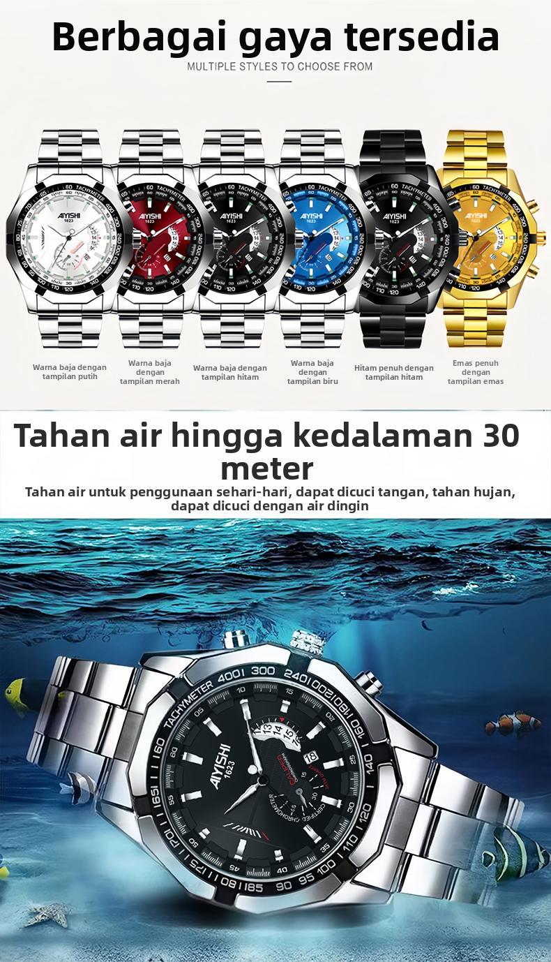 AIYISHI Jam Tangan Pria Mewah & Sporti 1623 Multifungsi Tahan Air 30M Dial Hitam Bodi Stainless Steel Garansi 2 Tahun Kaca Kristal Kuarsa Otomatis