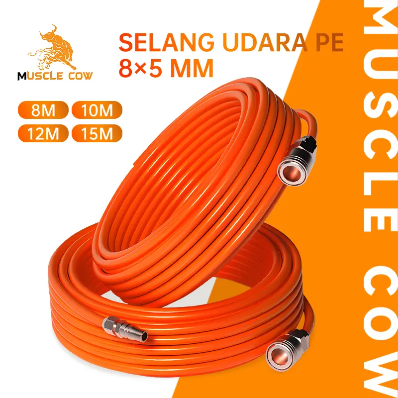 MUSCLE COW Selang Udara PE 8x5mm untuk Kompresor Angin dengan Konektor Cepat Tahan Tekanan Tinggi Fleksibel untuk Bengkel dan Peralatan Pneumatik (8M/10M/12M/15M)