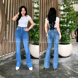 Jennie-HighWaist Cutbray Jeans Celana Flare Panjang Stretch Wanita Retro Vintage Lipat Bawah