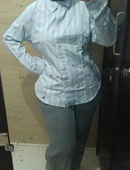 Product Review of Wispie Girl Boss Fitted Shirt | Kemeja kerja wanita fit garis stripe karet Lembut pink hijau biru from a**a 0