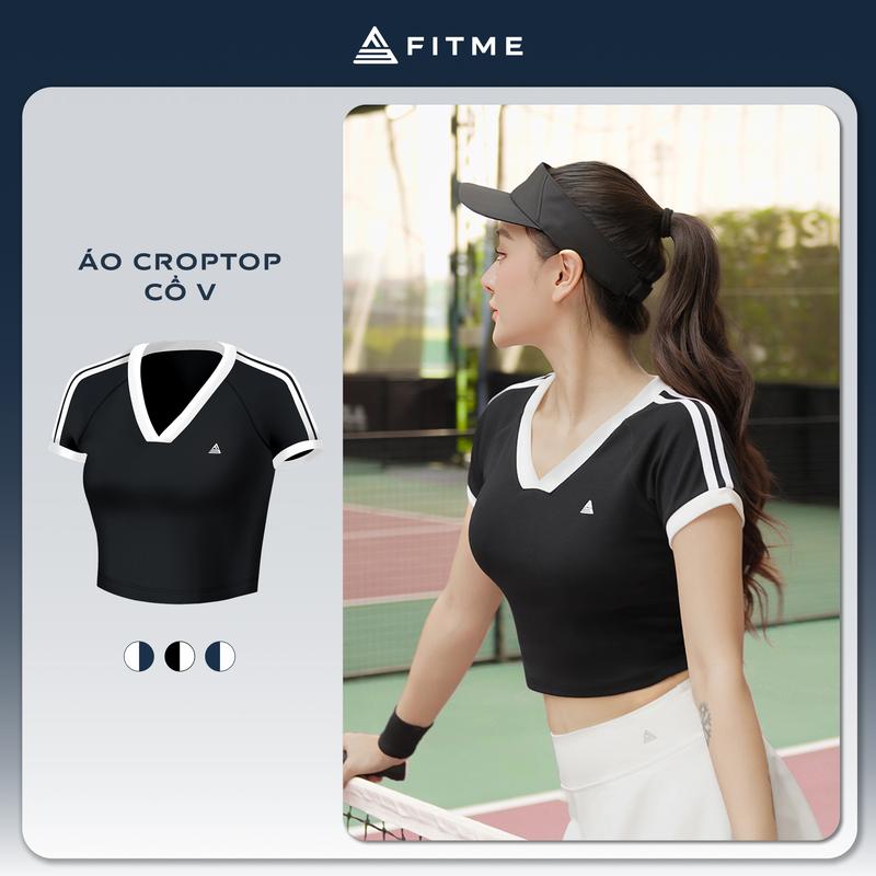 Áo tập pickleball tennis nữ Fitme GOC cổ V thể thao tay ngắn chất liệu cotton thấm hút ôm body tôn dáng ACVN01