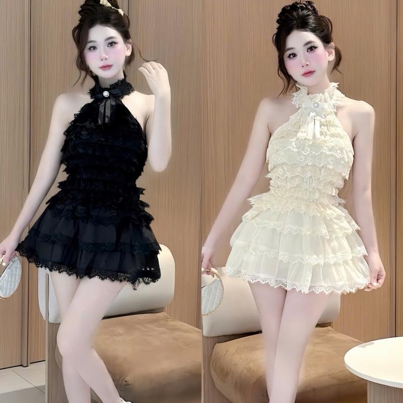 Set dồ nữ ren tiểu thư thiết kế cổ yếm dính nơ dạng tầng mix chân váy ngắn dáng xòe xinh xắn sang chảnh dành cho nàng di chơi,di tiệc.
