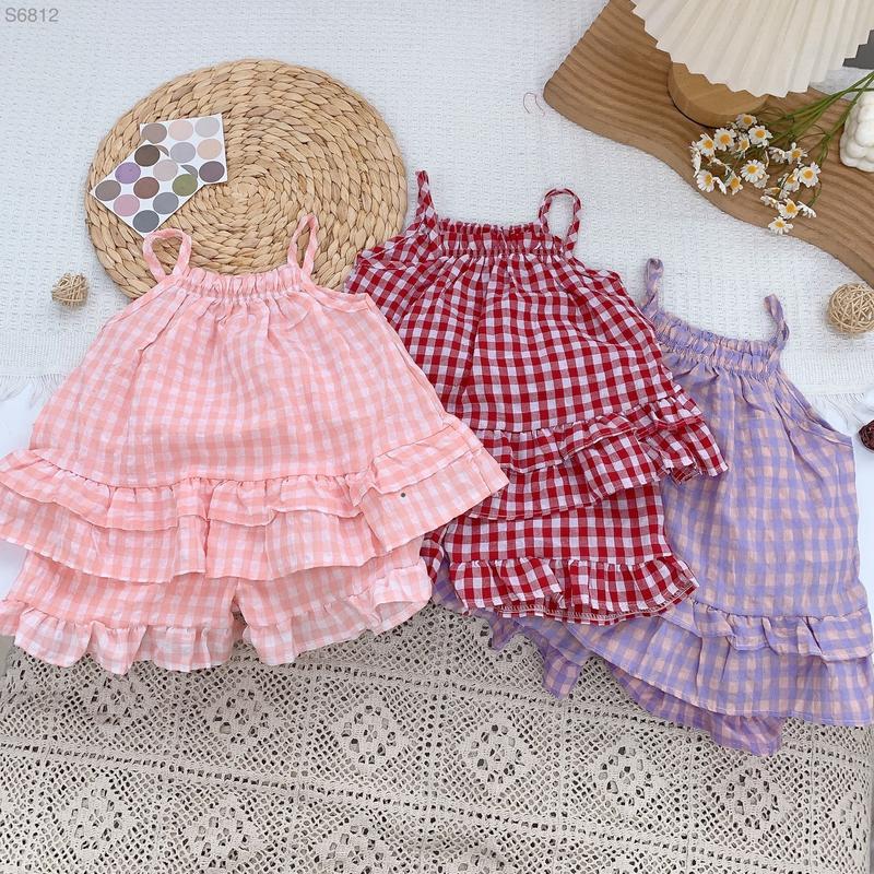 Hey Susie S6812 - Bộ Đồ Bé Gái Kẻ Caro Quần Bèo Hồng/ Đỏ/ Tím Size 9-26kg