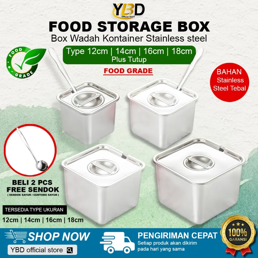 Food container Stainless / Type 12cm/14cm/16cm/18cm / Foodpan satu set dengan Tutup /cover kotak kulkas buah sayur daging / Nampan saus berbentuk persegi stainless steel dengan penutup / Knock Box Wadah Kontainer Tempat Penyimpanan Stainless