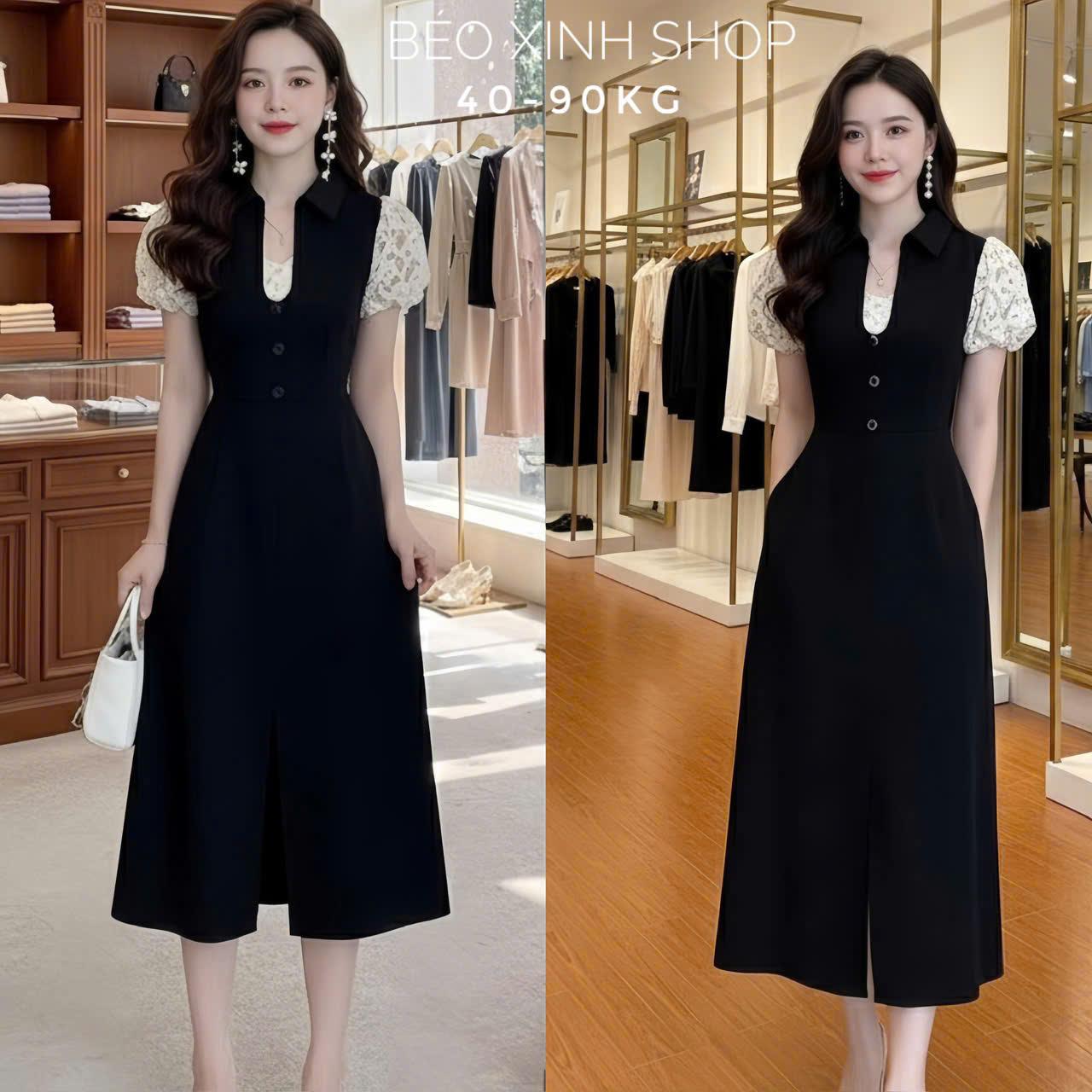 Đầm Dự Tiệc Thiết Kế Dáng Dài Cổ U Phối Ren Tiểu Thư (Vải Tuyết Mưa Phối Ren) Cao Cấp Thanh Lịch Sang Trọng Cho Các Nàng Bigsize 40–90kg Thời Trang Nữ Béo Xinh Shop - A.1700