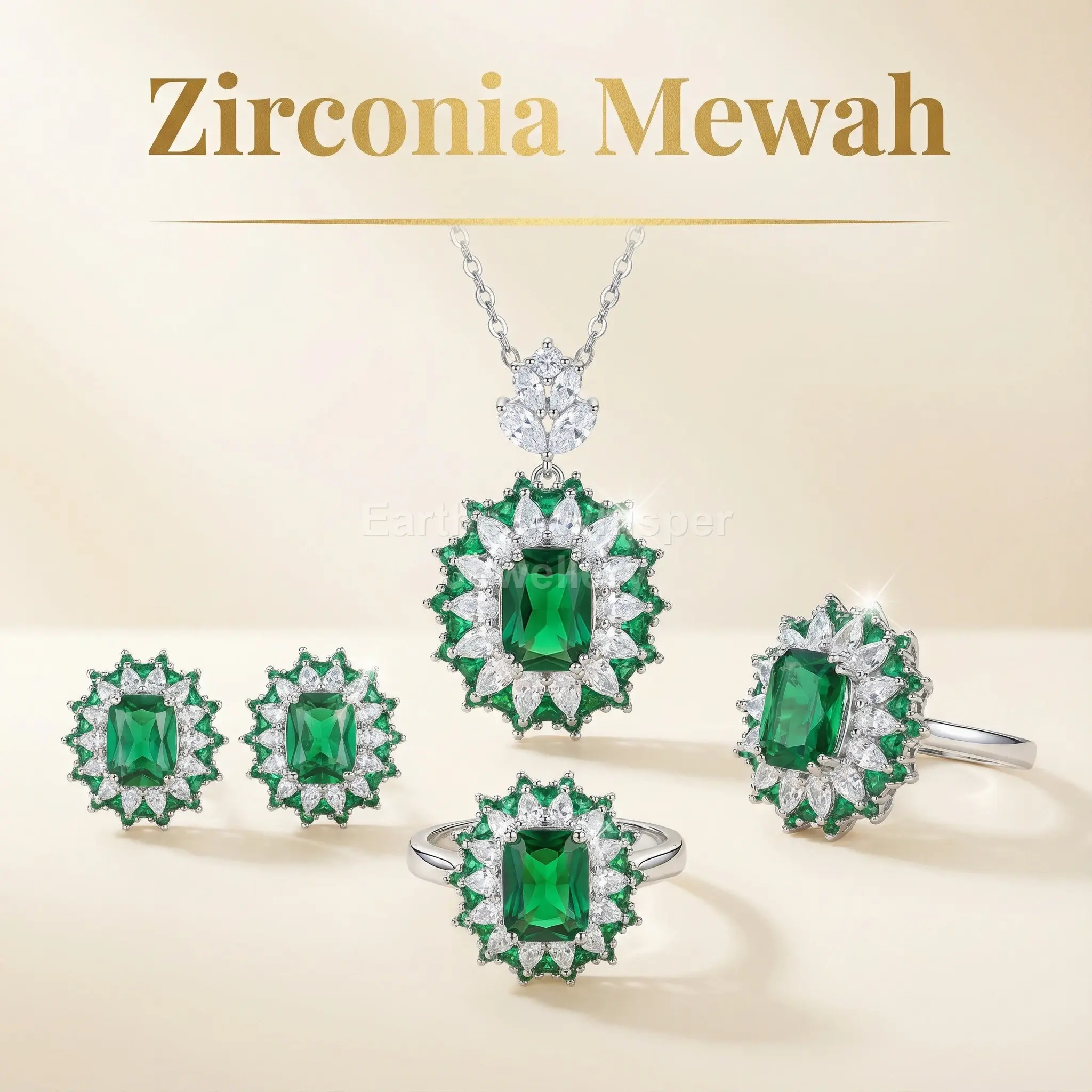 EWS38   Set perhiasan tiga potong cincin anting liontin cincin safir