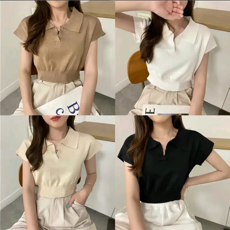 Atasan Rajut Polo Crop Top Knit / Crop Top Wanita Polos / Casual Top Pendek Knitwear Kerah 4