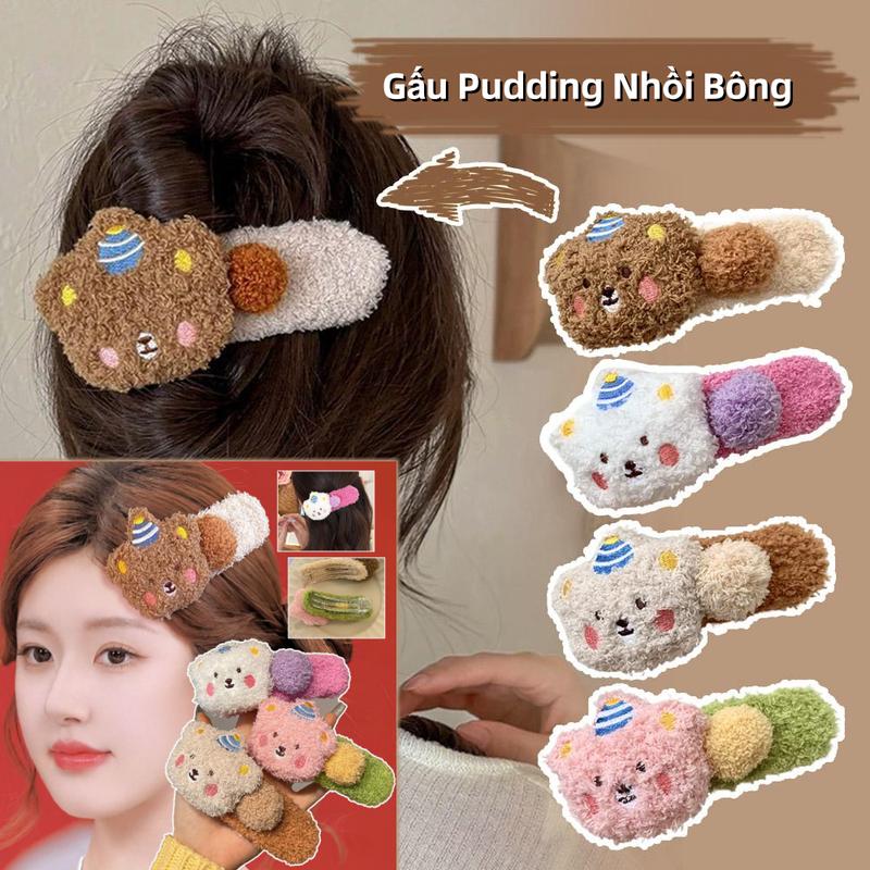 Kẹp Mỏ Vịt Pudding Nhồi Bông 4 Cái, Mới, Gấu Pudding, Cún chó Con, Kẹp Mỏ Vịt Dễ Thương, Kẹp Tóc Lớn, cài tóc, Sau Đầu, Thích Hợp Cho Bé Gái, Kẹp Lấy Nhồi Bông