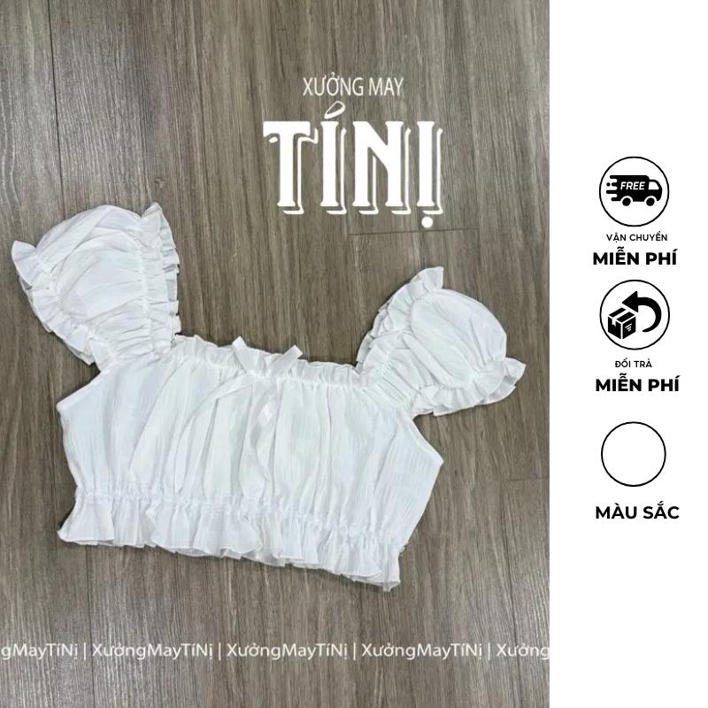 Áo Trễ vai Croptop vải xốp Mỏng lộ áo trong Chân váy dài đi biển