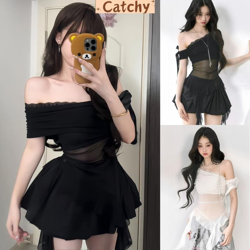 Set Váy Bí Áo Lưới Trễ Vai Cột Nơ Tua Rua Phối Chân Váy Xòe Phồng Sang Chảnh CATCHYstore