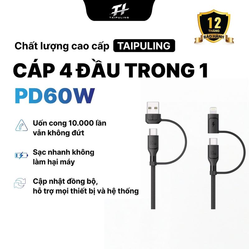 Cáp Sạc Nhanh 4 Trong 1 PD60W Truyền Dữ Liệu Chống Rối Siêu Bền Đầu Cắm Kim Loại Cho IP Android