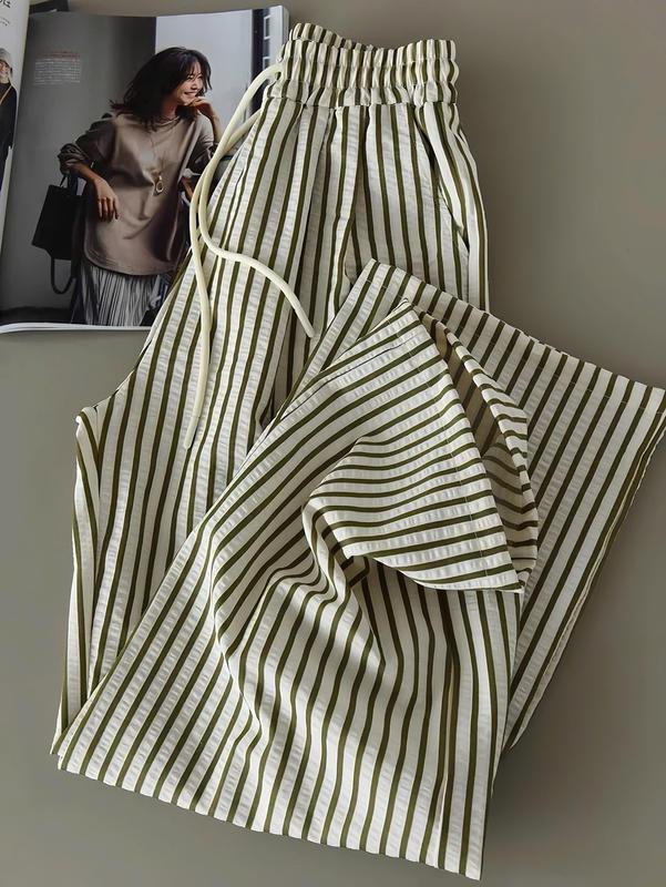 Quần kẻ nữ, Quần ống rộng dáng suông nữ cạp chun cao hoạ tiết kẻ sọc chát thô đũi mềm mịn thoáng mát