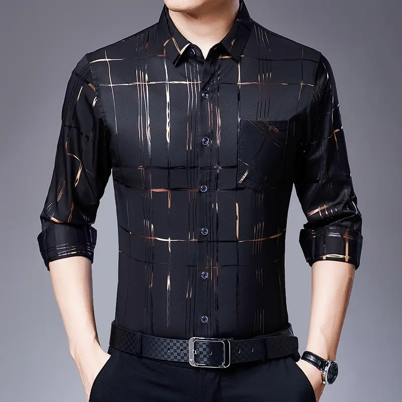 Kemeja Perniagaan untuk Lelaki, Gaya Elegan, Lengan Panjang, Warna Rendah, Corak Laluan, Berdada Tunggal, Pakaian v  neck kemeja  korean  style