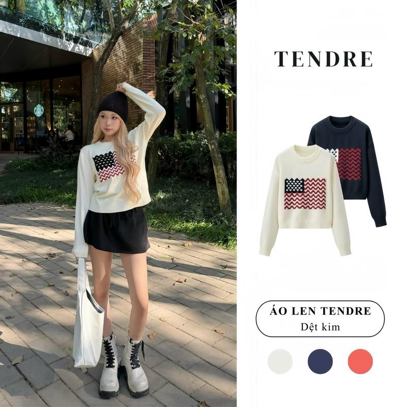   BST Thu Đông TENDRE  Deal mở bán  Áo Len Cổ Tròn Form Rộng Dáng Croptop In Hoạ Tiết Zigzag Flag Trẻ Trung  Áo Len Dệt kim cao cấp basi L17 