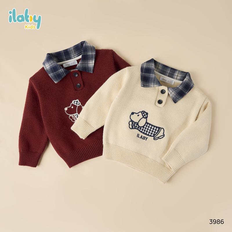  Áo len cho bé Ilaby áo len đỏ Noel Tết dày dặn phối cổ đức đi học đi chơi thêu hình chú chó ngộ nghĩnh  3986  