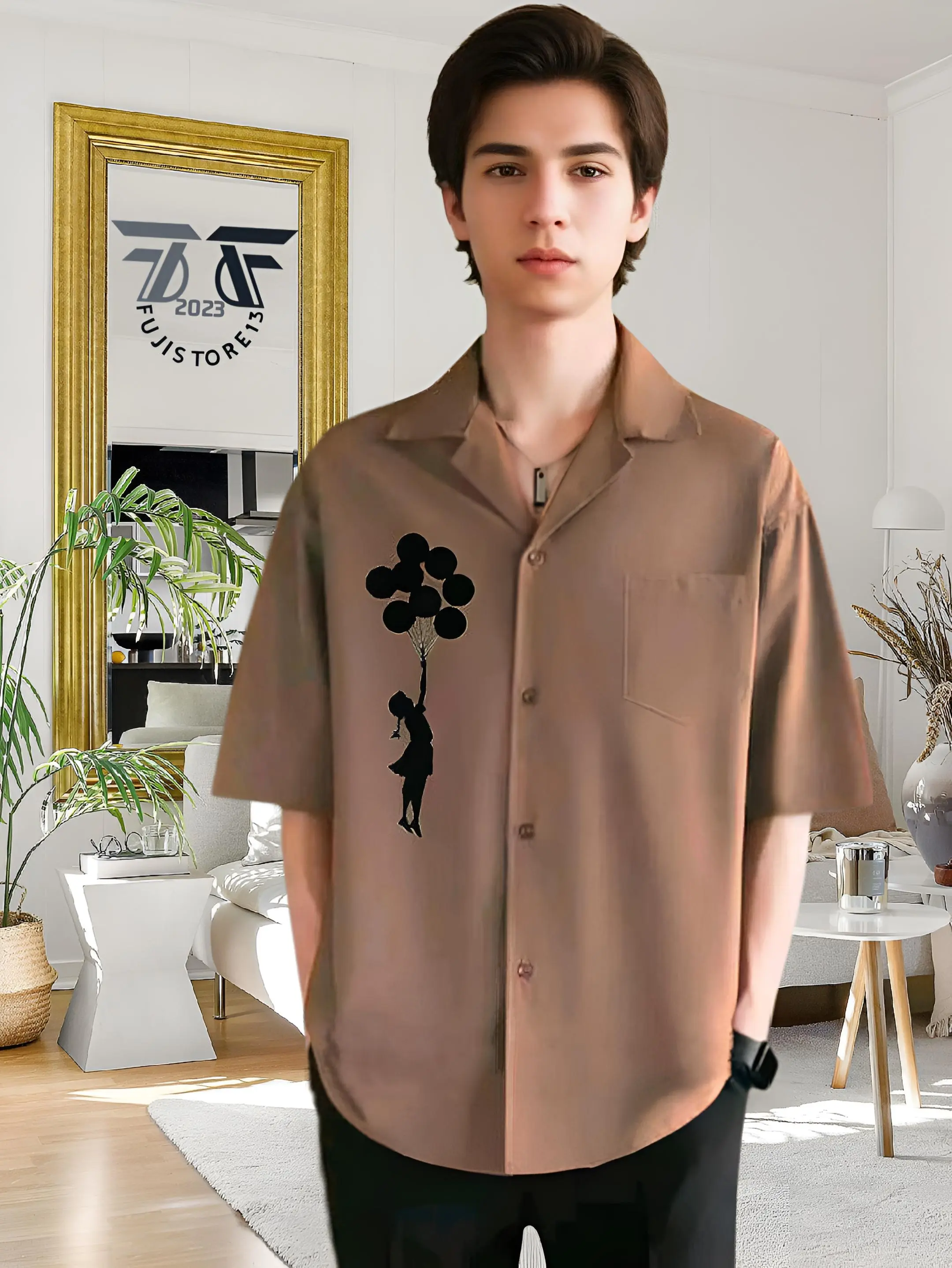 Kemeja Vintage Pria Lengan Pendek Kemeja Pria Polos Motif Ballon Korean Style - Kemeja Kerah Piyama