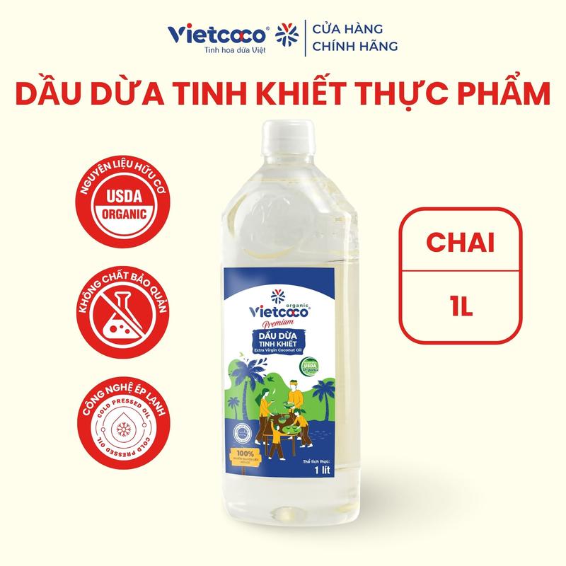 Dầu dừa tinh khiết Organic Vietcoco chai - 1000ml - dầu ép lạnh thực phẩm