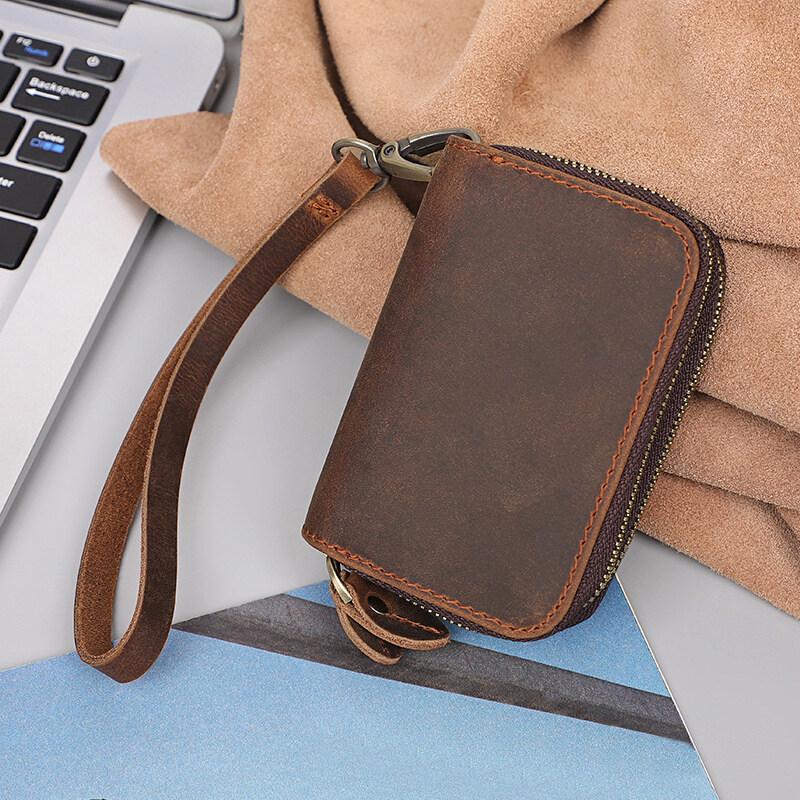  Hộp Đựng Thẻ Cổ Điển Bằng Da Ngựa Điên Khóa Kéo Đôi Chất Lượng Cao ví đựng tiền Xu Da Bò Lớp Một Hộp Đựng Móc Chìa Khóa Xe Hơi Có Dây Đeo Cổ Tay Cầm Tay Nam Wallet 