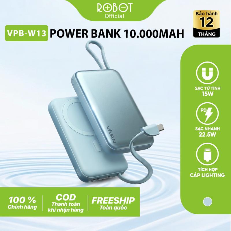 Pin Dự Phòng Sạc Nhanh Không Dây Vivan VPB-W13/VPB-W13C 20W Từ Tính Dung Lượng 10000 mAh - Nhỏ Gọn Tiện Lợi, Tích Hợp Cáp Sạc