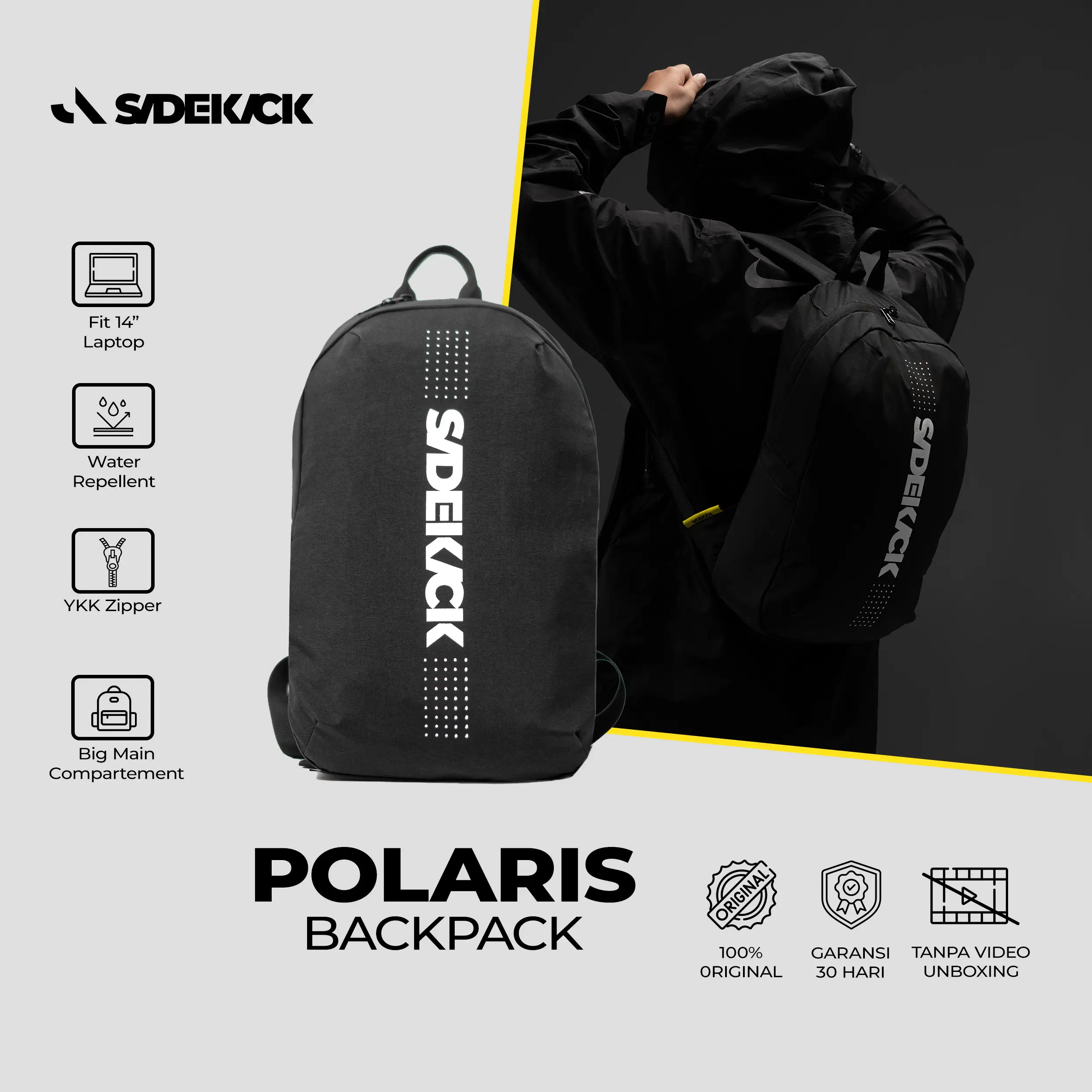 Sidekick Project POLARIS - Backpack - Daypack - Tas Ransel Punggung Sekolah, Kuliah Pria Wanita Hitam