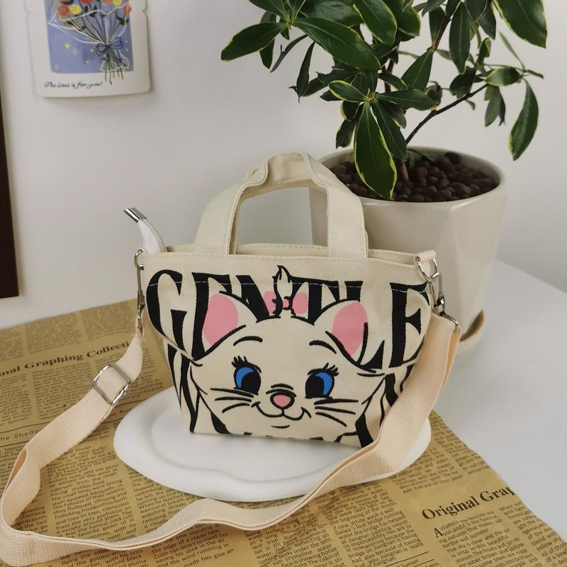 Product Introduction of GENTLEWOMAN Soft women sling bag, Thai cute cat design, zipper closure, 2 colors available (white and black), made of canvas, suitable for women 2