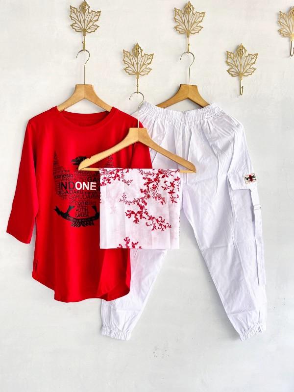 Product Introduction of Setelan Jogger Cigaret JVN Kaos Combed Merah Putih + Hijab Voal Segi Empat Voal  Katun Nyaman 4