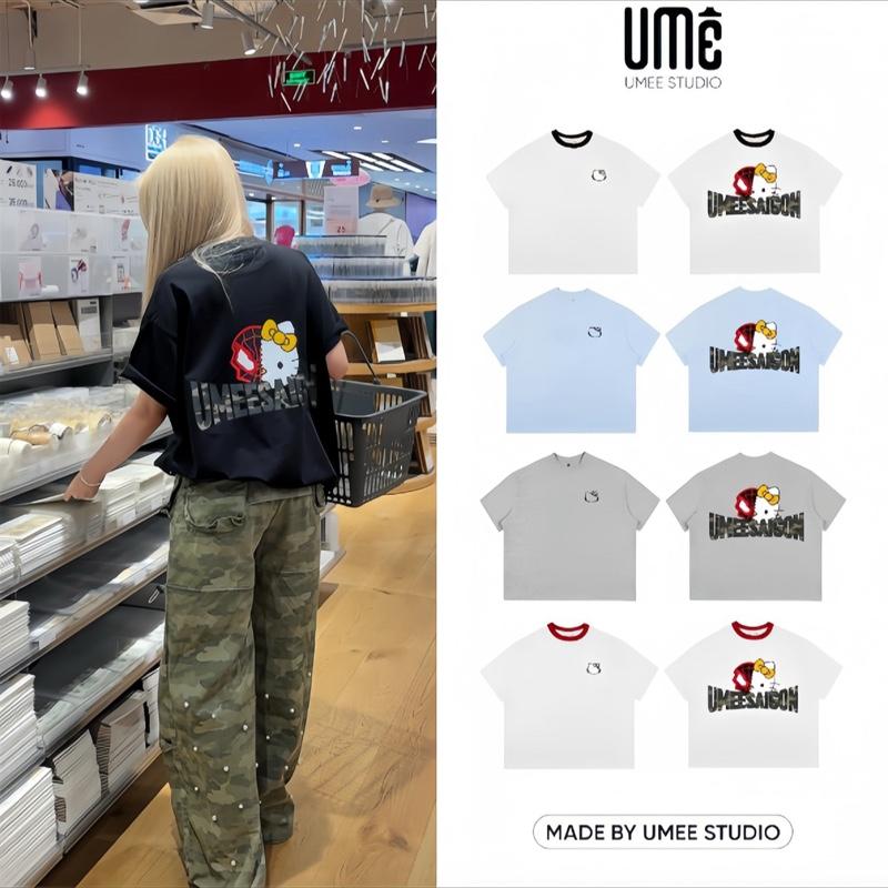 Áo Thun Big Boxy Local Brand UME Form W Rộng Tay Ngắn Cotton Cổ Tròn Nam Nữ Cartoon Hoạt Hình " MÈO HELLO KITTY & NGUOI NHEN  " Menswear Kem Unisex