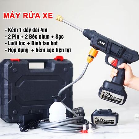 BÁN CHẠY Bộ Máy Rửa Xe Cao Cấp Loại 2 PIN 199V Không Dây Máy Tưới Vườn Đa Năng Áp Lực Nước Mạnh Sử Dụng Cho Gia Đình Tiện Lợi Bảo Hành 12 Tháng