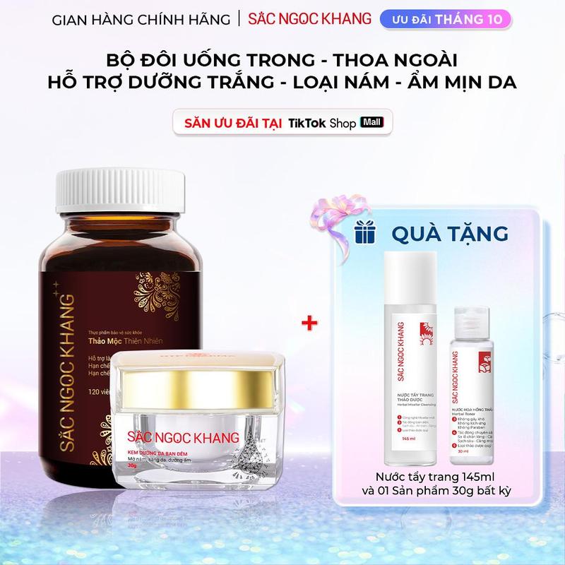 Combo Hỗ Trợ Mờ Nám, Sạm, Tàn Nhang Lâu Năm: Viên Uống SNK ++ [120v] & Kem Dưỡng Da [30G] Sắc Ngọc Khang
