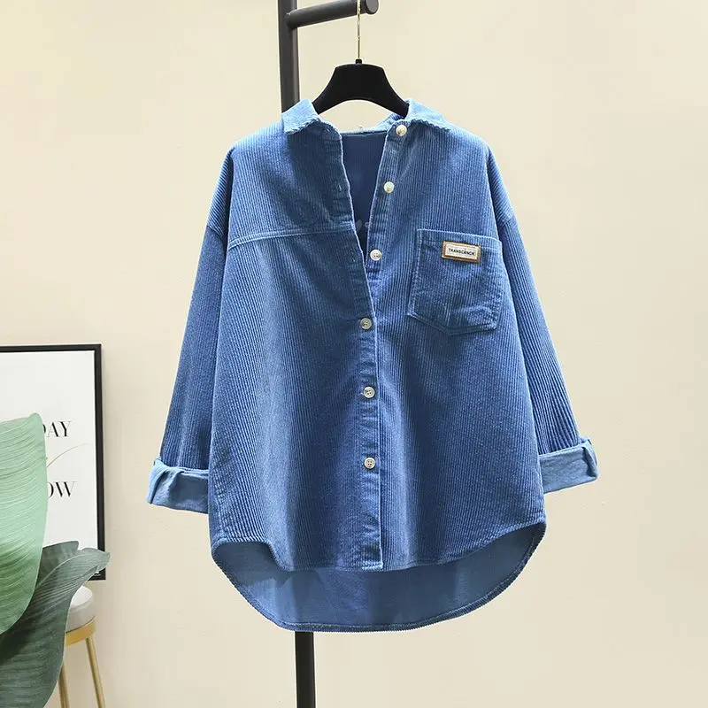 Spring Collection Blue Corduroy Shirt for Women - Loose Fit, Fashionable Korean Design, Mid-Length