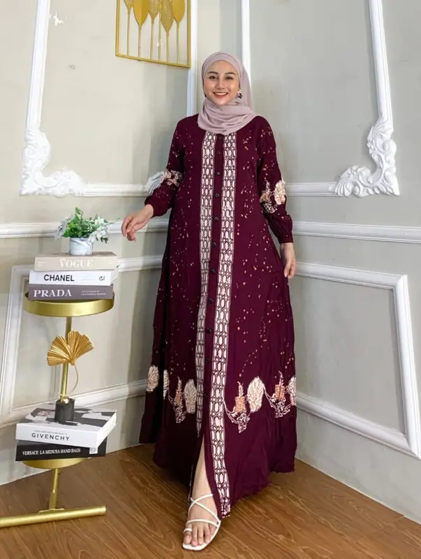 Naya Batik - Gamis Twill Ori Pekalongan Cap Malaman Motif Bukan Sablon Dress Muslim Wanita Tanpa Rempel Lengan Karet Full Kancing Tali Samping 2