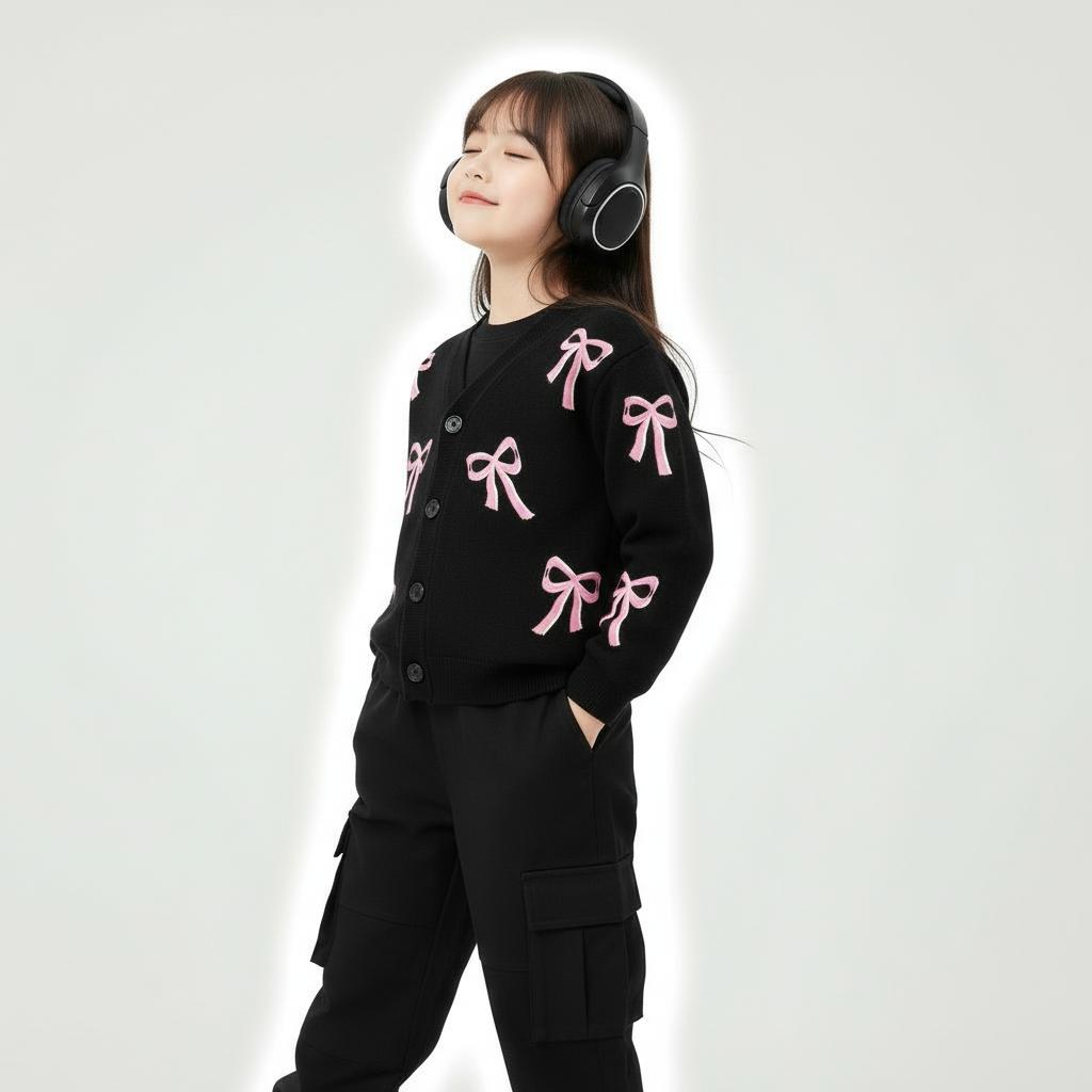 CAIFU Cardigan Pita Hitam Anak Perempuan Cardi Lengan Panjang Atasan Y2K Usia 3-12 Tahun Bahan Lembut Halus Nyaman Adem Variasi Warna Pastel Cantik Fashion