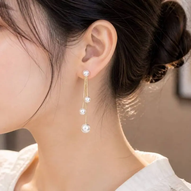 Anting Tusuk Wanita Korean Style A-9 Aksesoris Mutiara Pearl Menjuntai Elegan Perhiasan Minimalis Mewah Pesta Kondangan