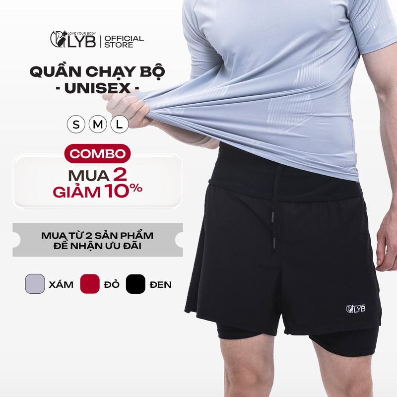 Deal Live Quần đùi chạy bộ nam nữ LYB quần đùi thể thao vải dù cao cấp có lót lưng phối lưới đựng đồ